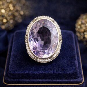 Antique 1920's Amethyst & Wired Seed Pearl Filigree Ring Set In 14k White Gold